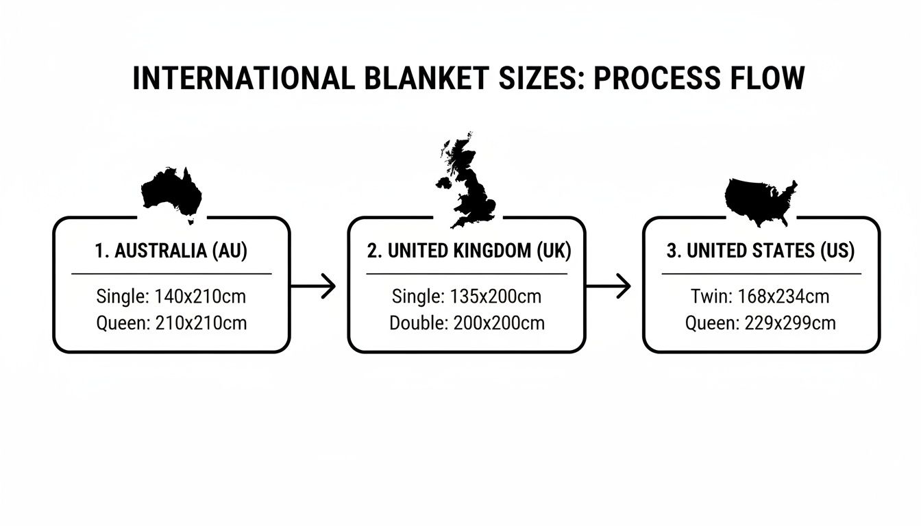 Flowchart illustrating international blanket sizes for Australia, UK, and US, with detailed dimensions.