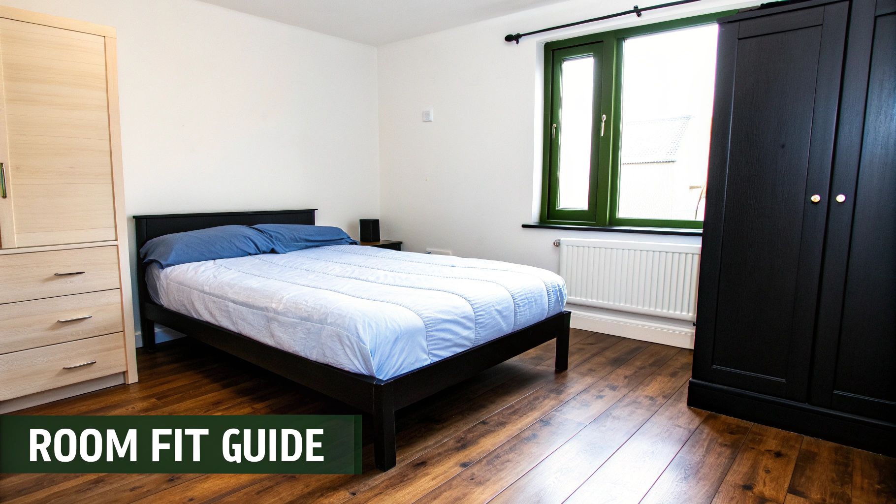 A well-proportioned bedroom with a large bed, showing adequate space to walk around it.