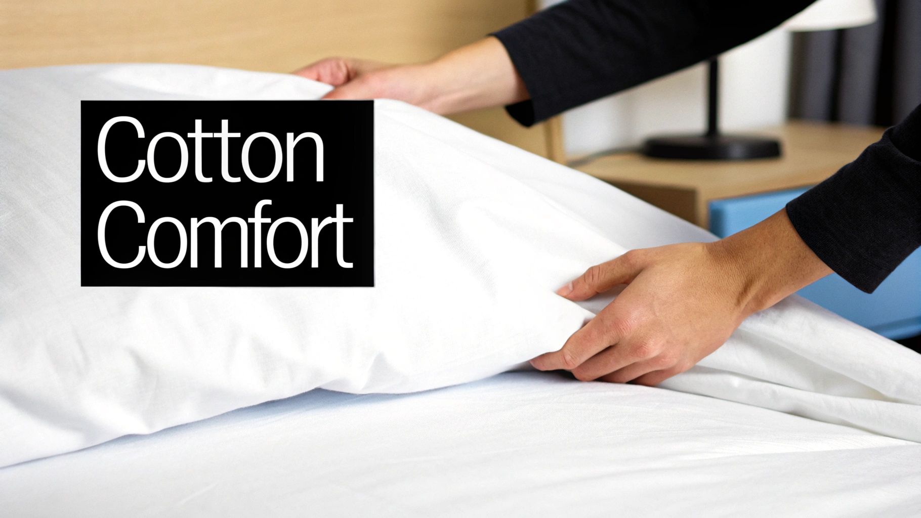 A close-up of a white cotton duvet cover, showing the texture of the fabric.