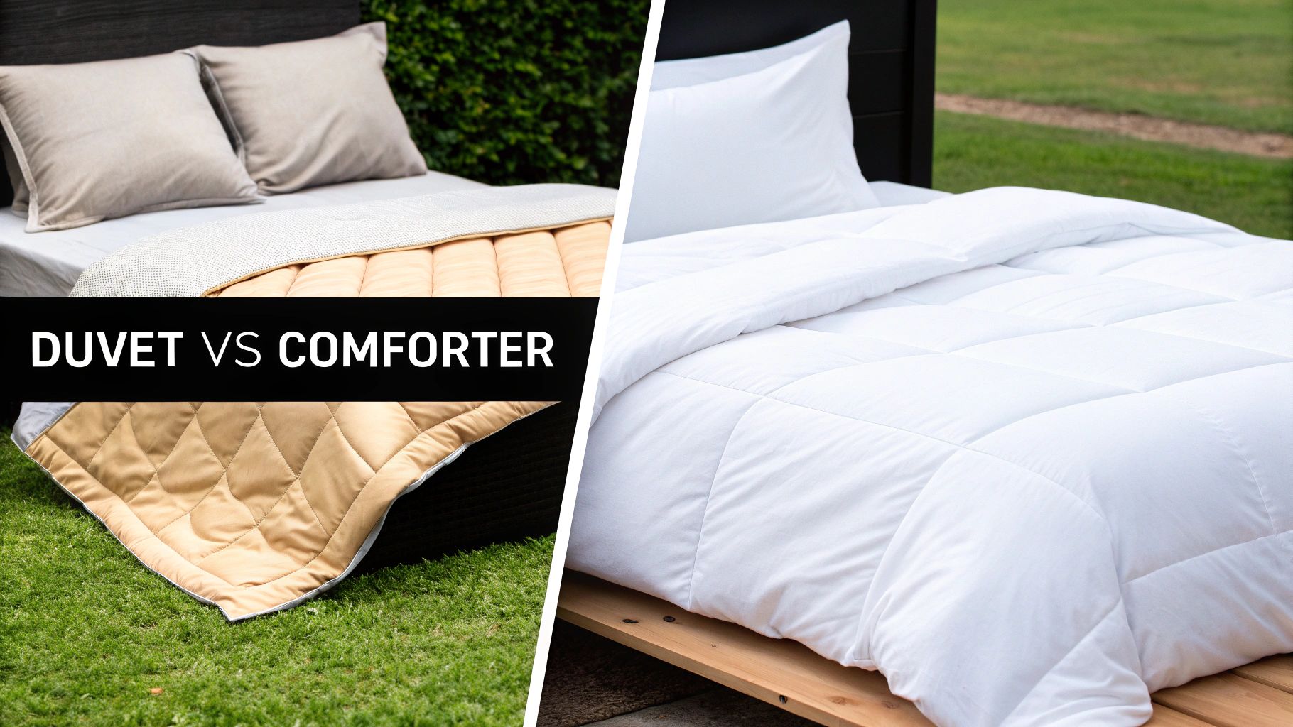 A split image comparing bedding: a beige quilted duvet on the left and a white comforter on the right.