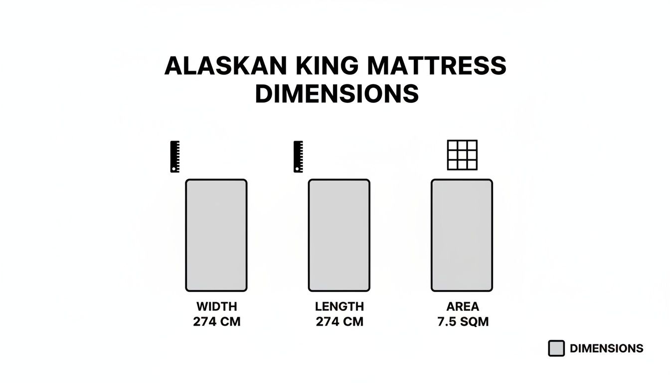 Alaskan King mattress dimensions showing width, length (274 cm each), and an area of 7.5 square meters.