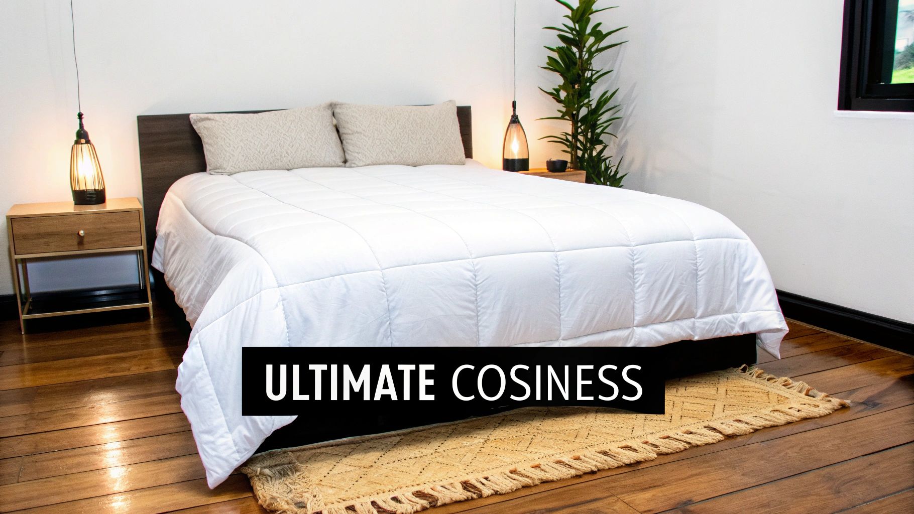 A cozy bedroom with a white bed, wooden nightstand, and warm lighting, emphasizing ultimate cosiness.