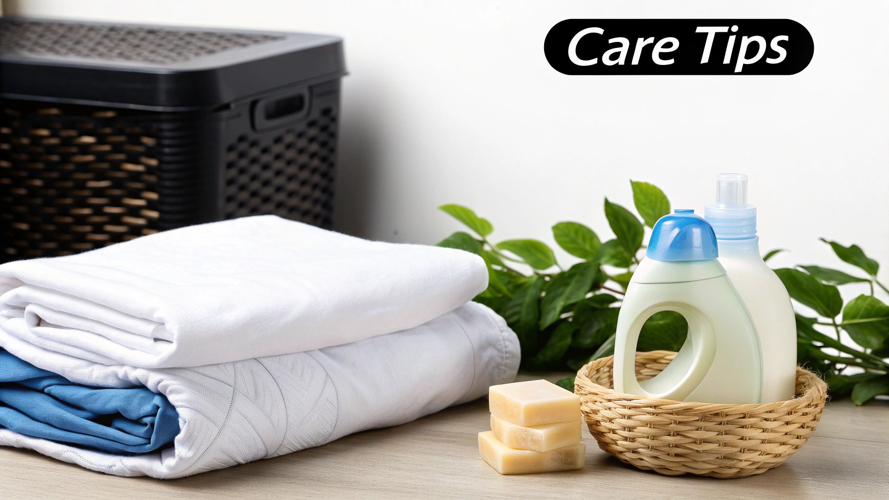 A collection of laundry essentials including folded linens, detergent, and soap for fabric care.