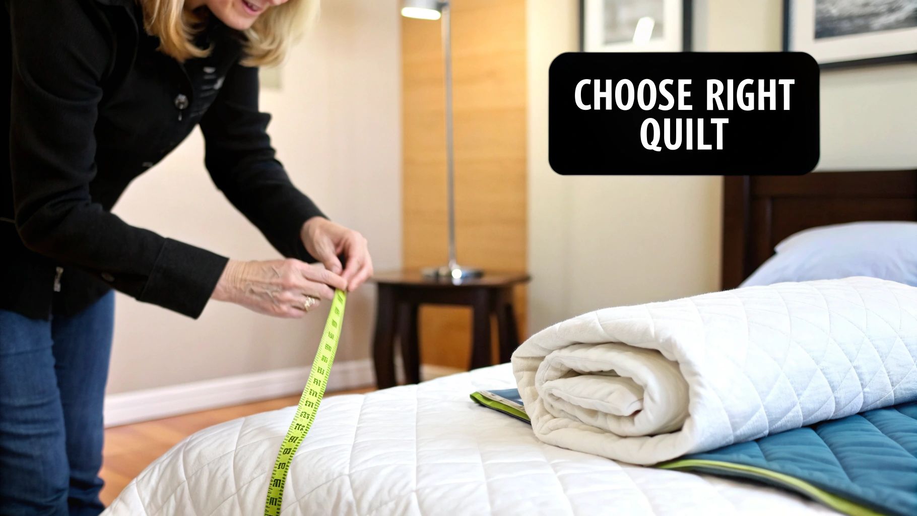 A person measuring a mattress with a tape measure to ensure a perfect quilt fit.