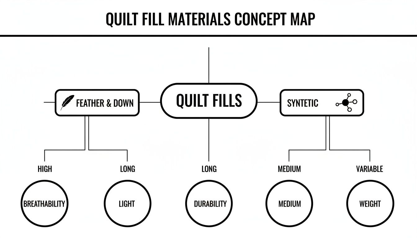 A concept map showing quilt fill materials, including Feather & Down with high breathability and light weight, and Synthetic with medium and variable weight.