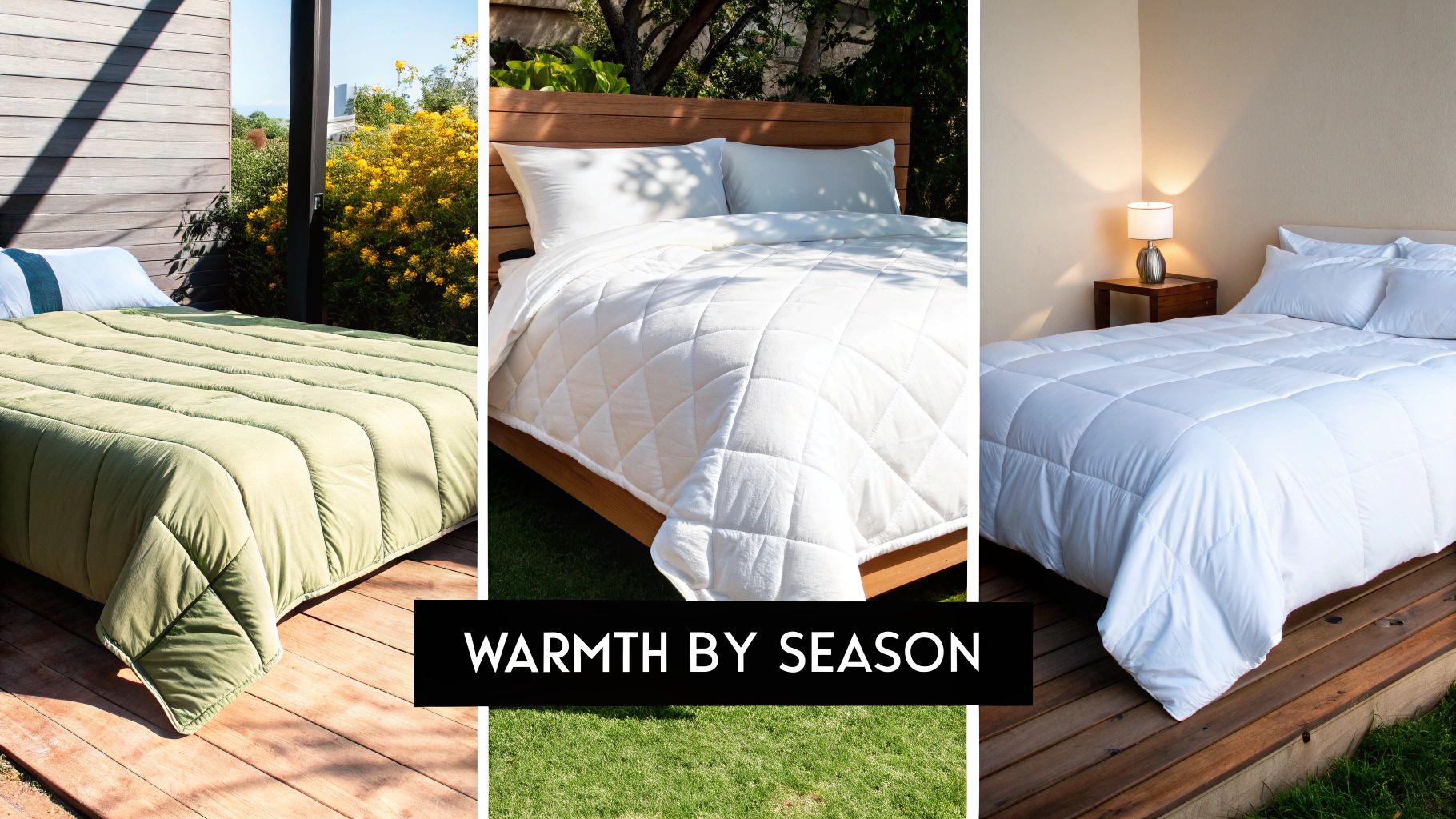 Three beds displaying various duvets and quilts, illustrating different bedding styles for seasonal warmth.