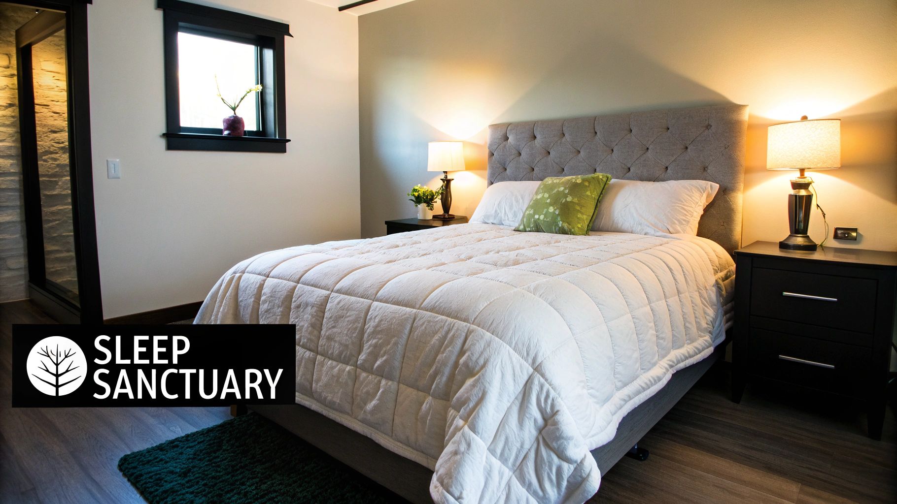 A beautifully made bed with a plush, fluffy comforter, creating an inviting and cosy atmosphere.