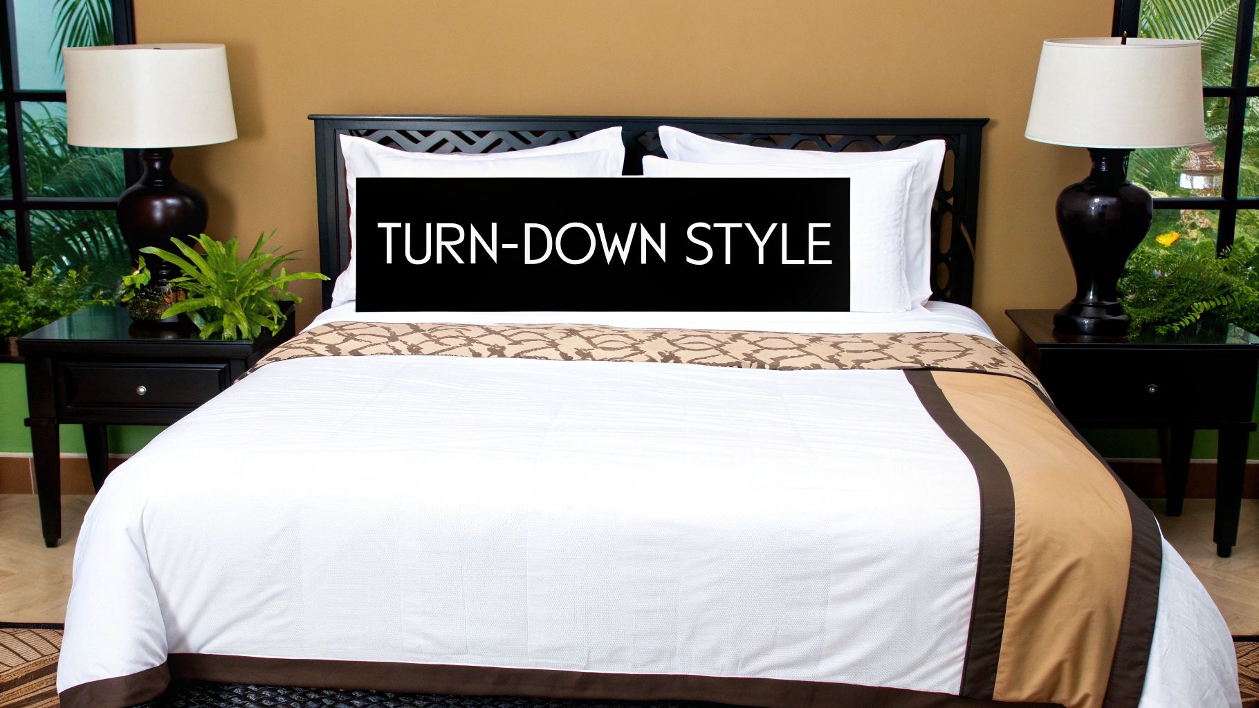 A beautifully styled bed with a crisp, white flat sheet folded over a dark grey duvet.