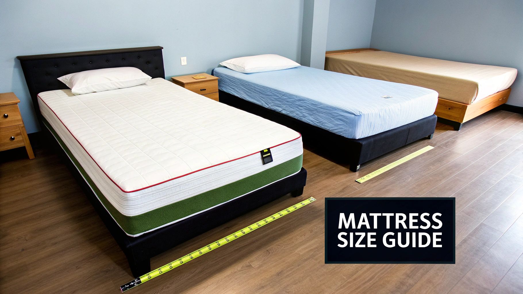 Three mattresses of different sizes displayed in a room, with a measuring tape and 'MATTRESS SIZE GUIDE' text.