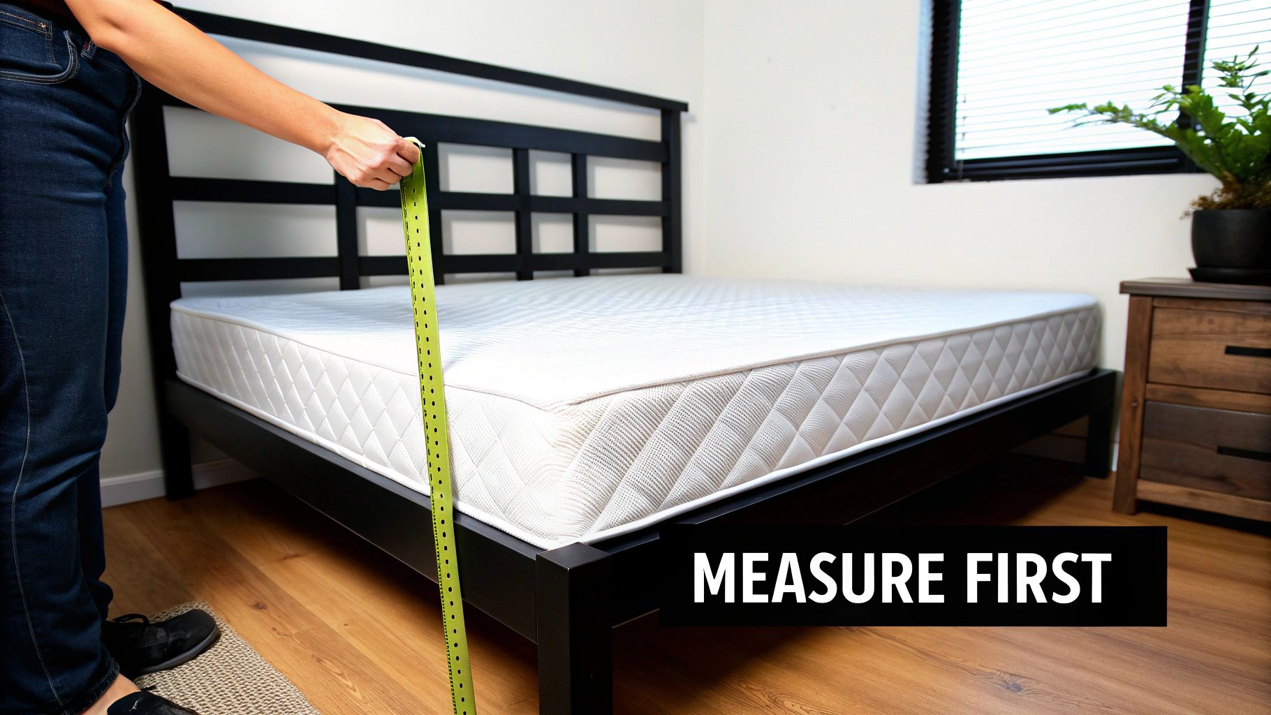 A person using a green tape measure to check the height of a white mattress on a black bed frame, with text 'MEASURE FIRST'.