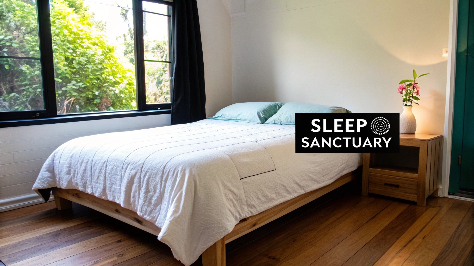 A neatly made bed with a light-coloured duvet cover, showing a cosy and inviting bedroom scene.