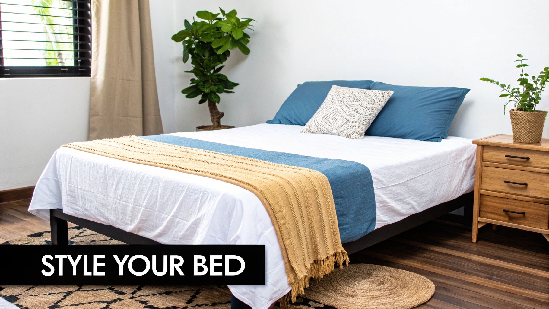A stylish bedroom features a bed with white sheets, blue pillows, a blue bed runner, and a textured gold throw.