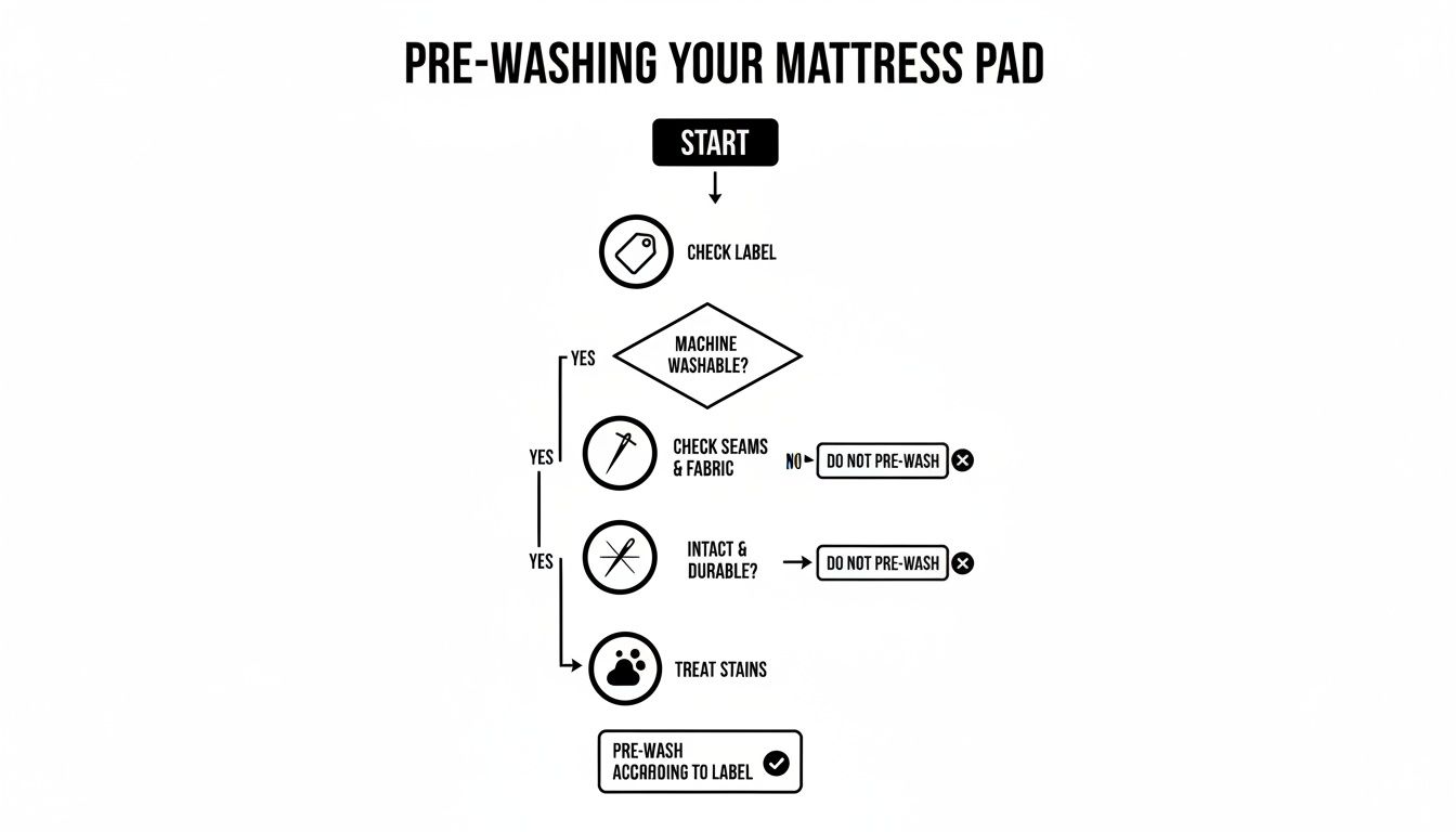 Flowchart guiding users through the steps for pre-washing a mattress pad, from checking labels to treating stains.