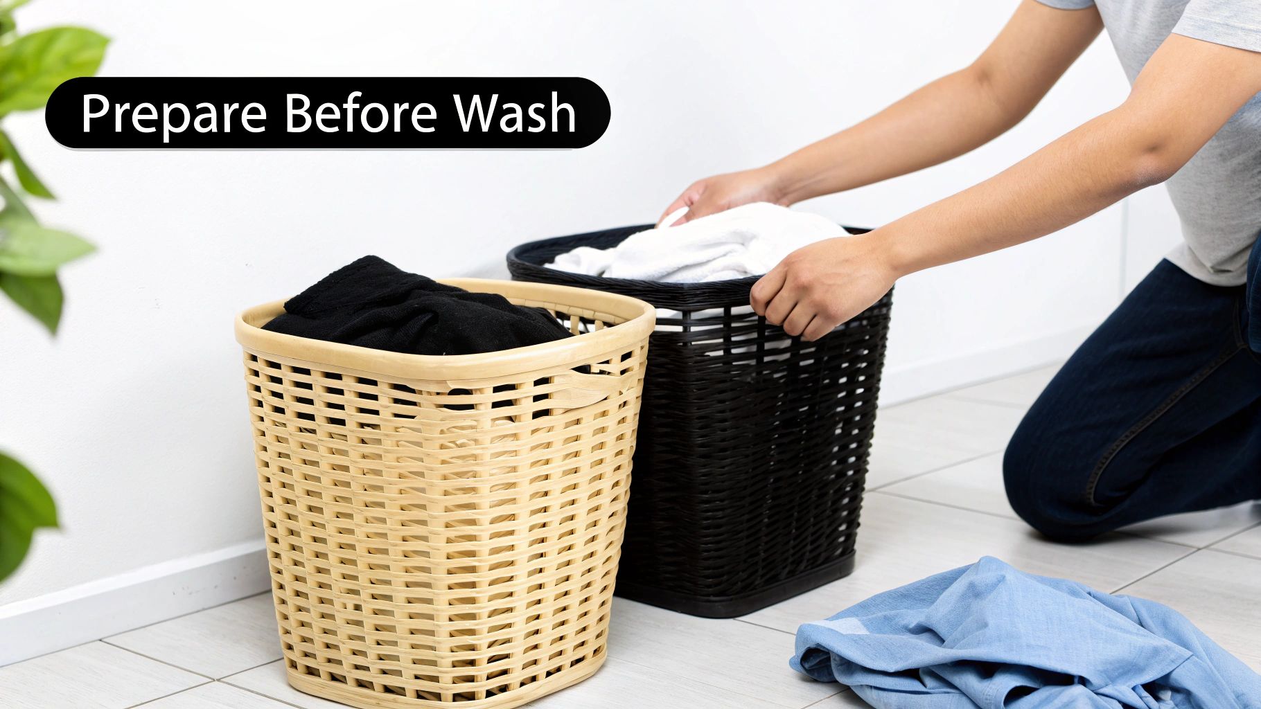 Linen fabric sorted into piles by colour before washing
