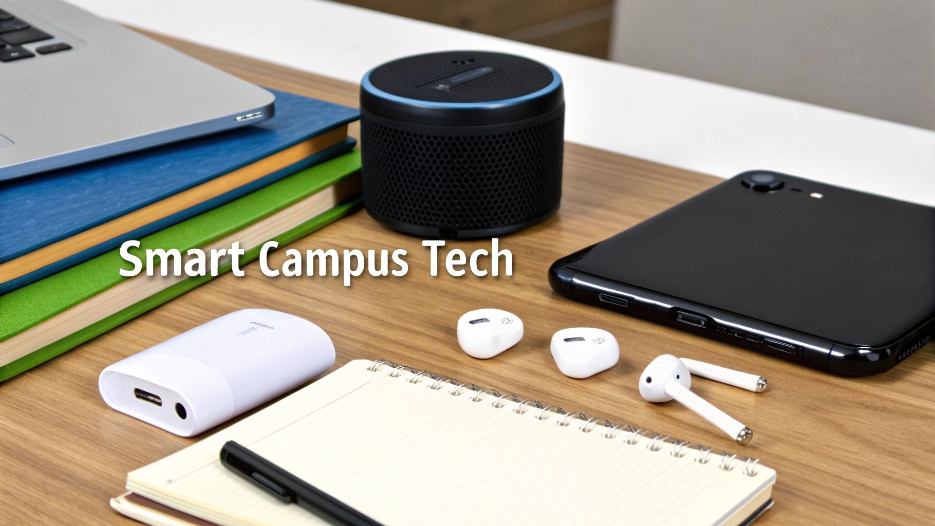 A variety of smart campus tech gadgets and study supplies on a wooden desk.