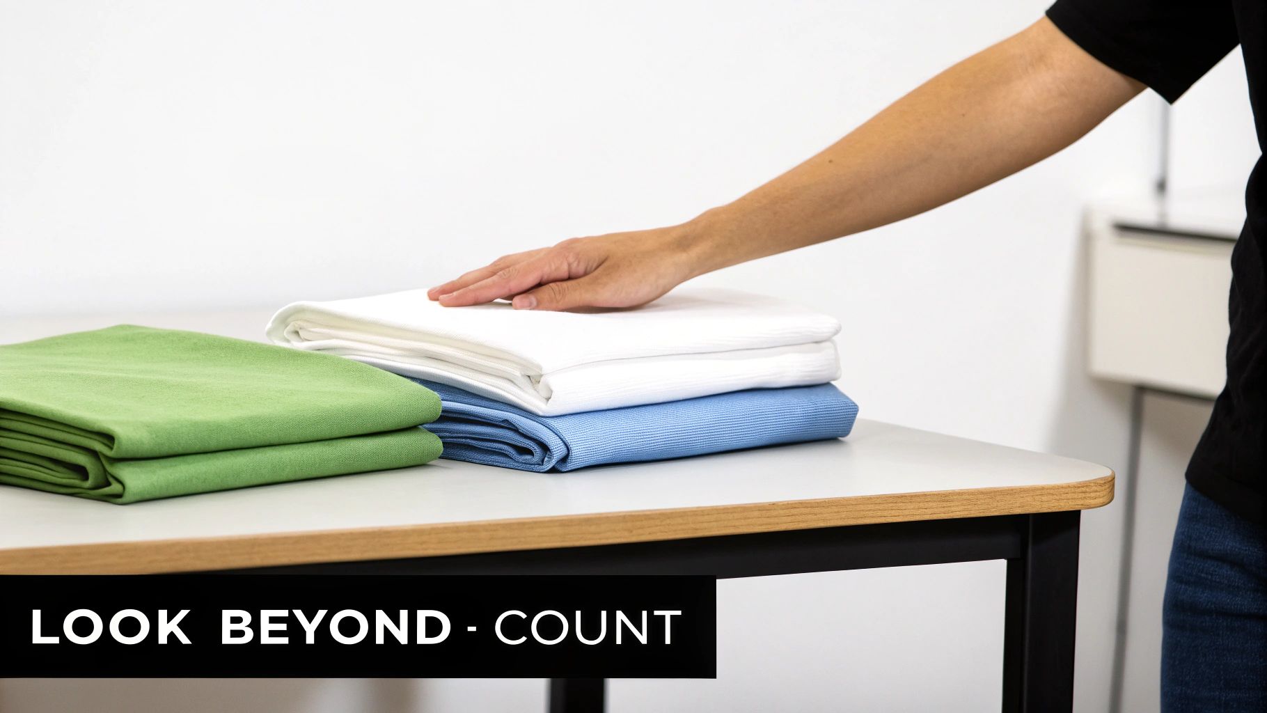 Hand on neatly folded white, blue, and green fabrics, demonstrating textile quality.