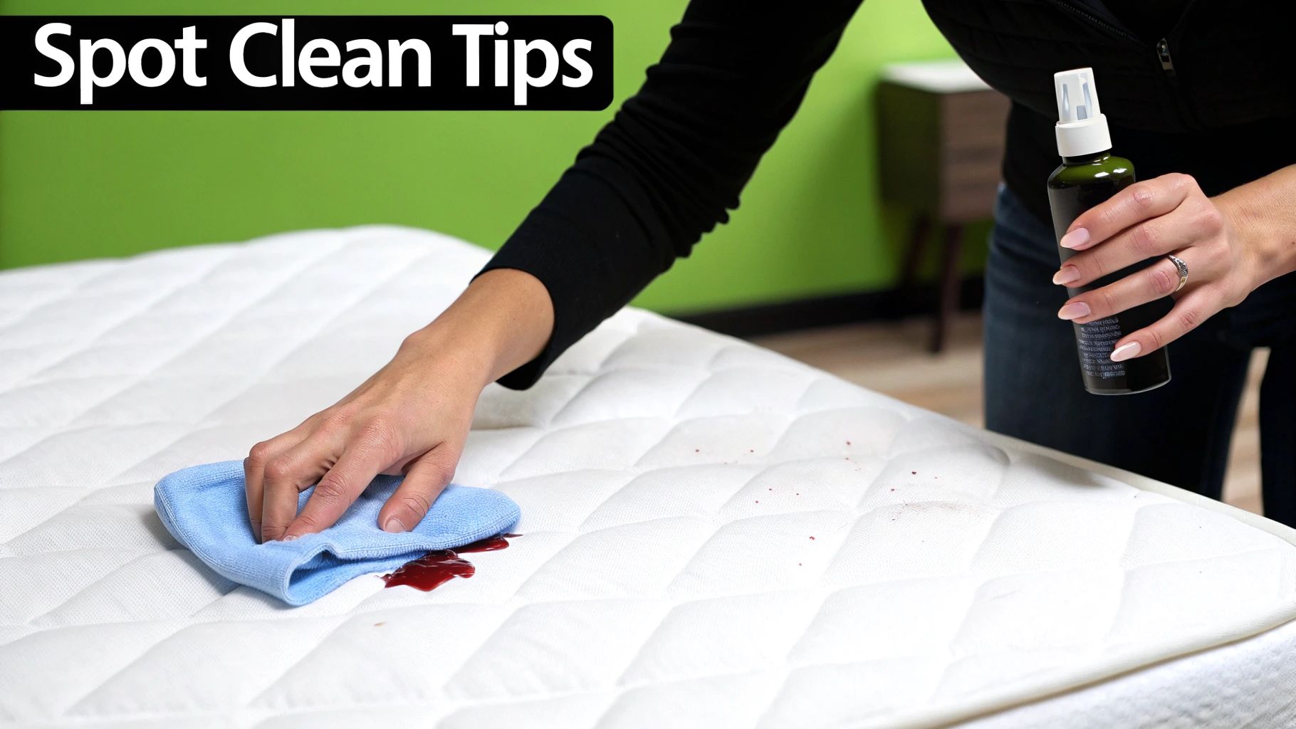 Person spot cleaning red stain on white mattress topper using spray bottle and blue microfiber cloth