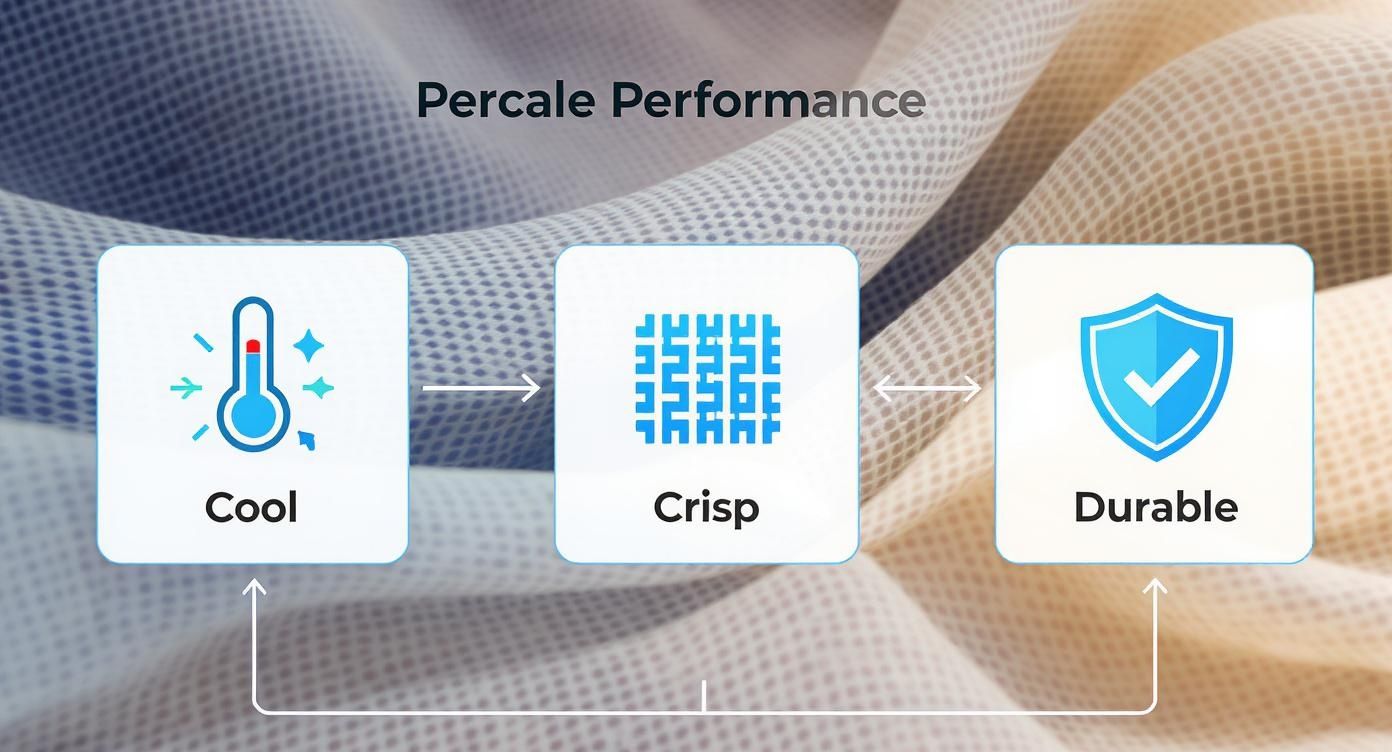 Percale cotton fabric performance features diagram showing cool temperature, crisp weave texture, and durable quality properties