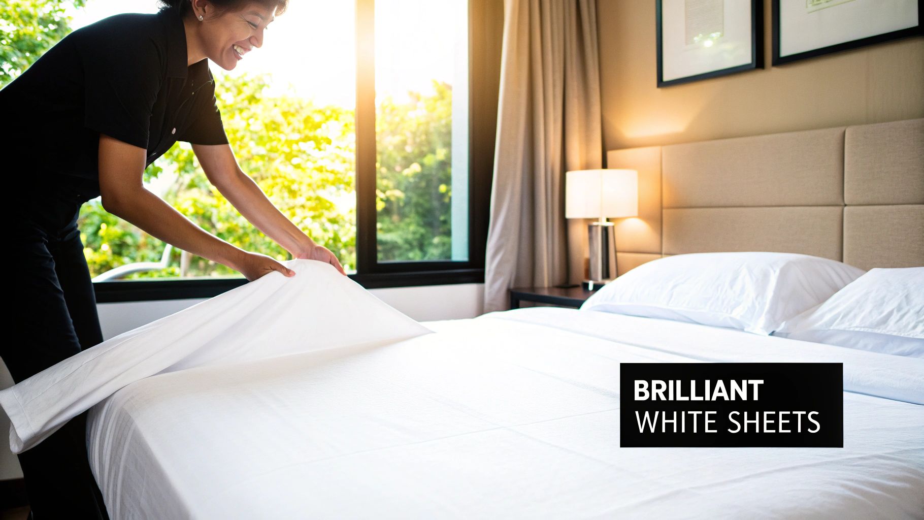 A smiling housekeeper makes a bed with brilliant white sheets in a sunlit hotel room.