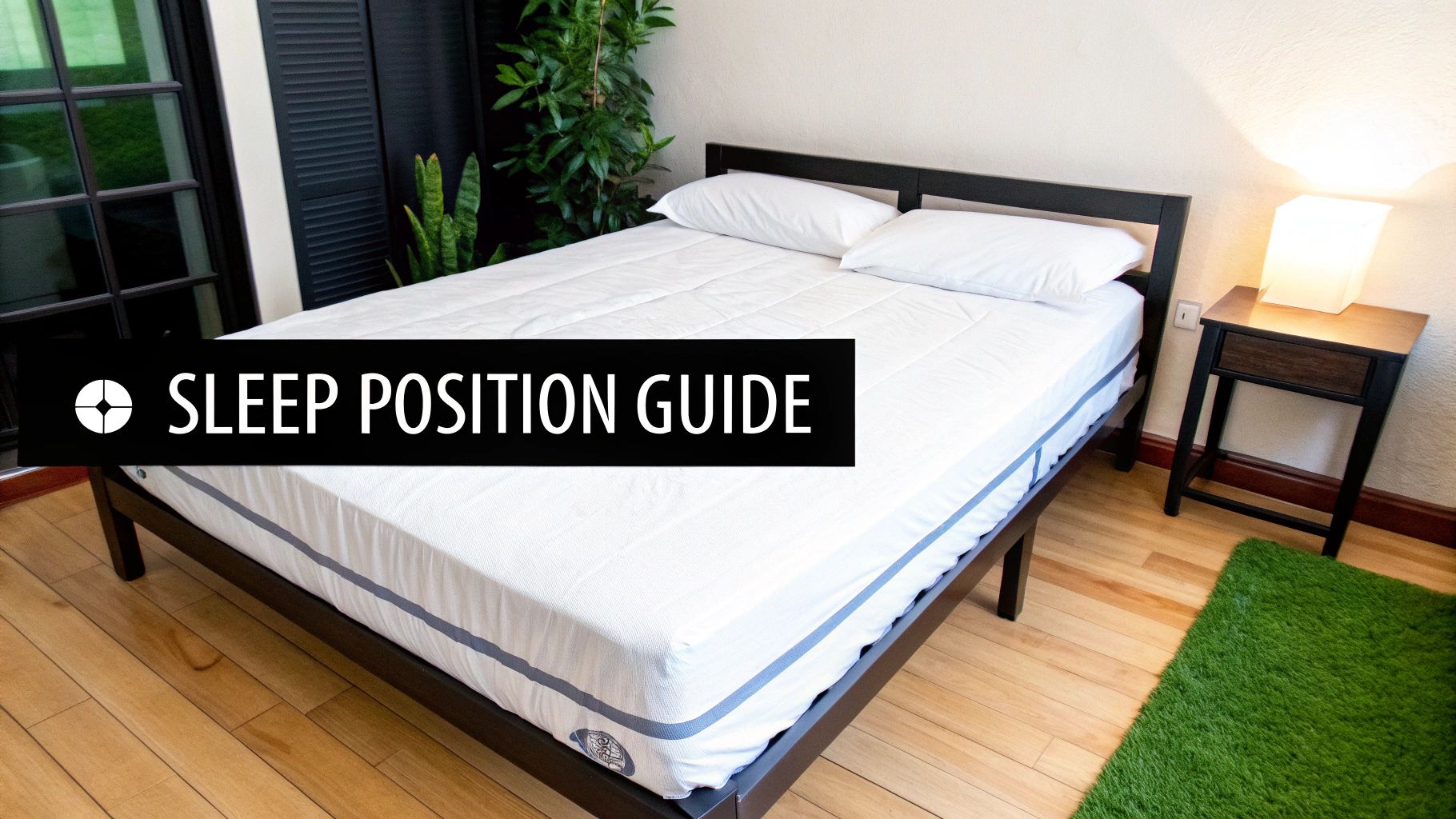 A modern bedroom featuring a bed with a white mattress and pillows, and a 'Sleep Position Guide' overlay.