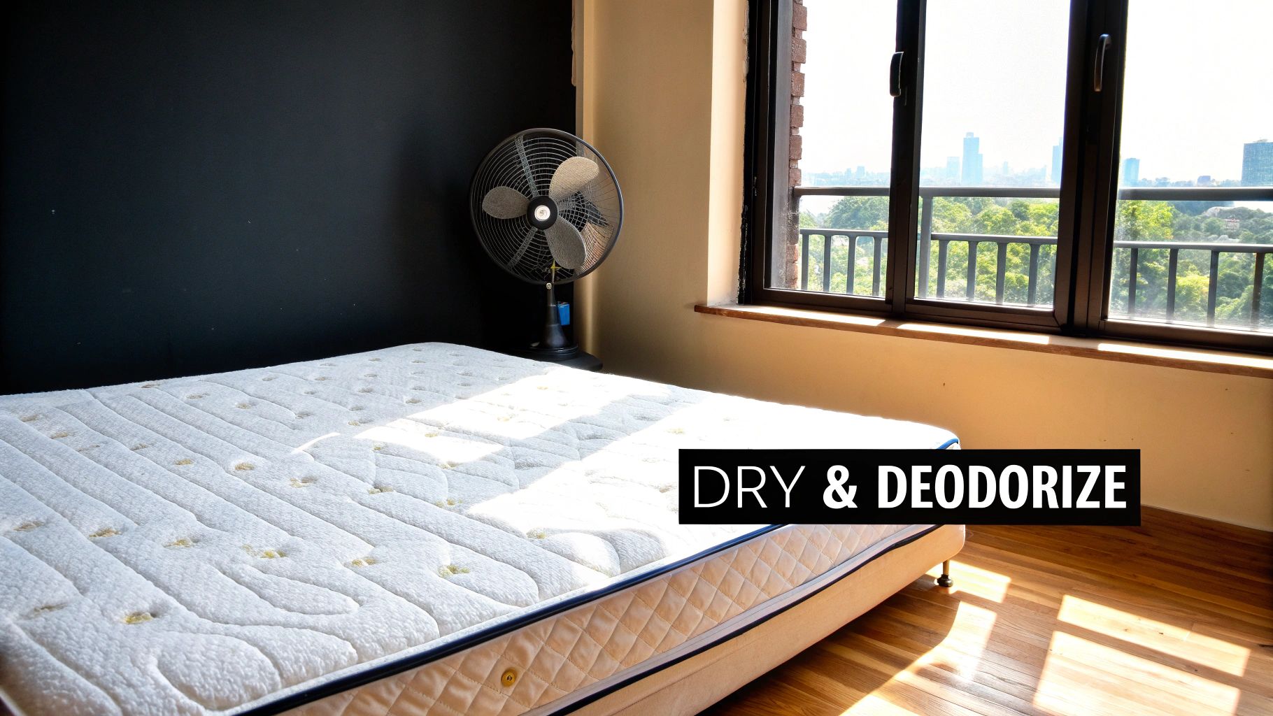 A mattress on a bed frame with a fan next to it, under sunlight, for drying and deodorizing.