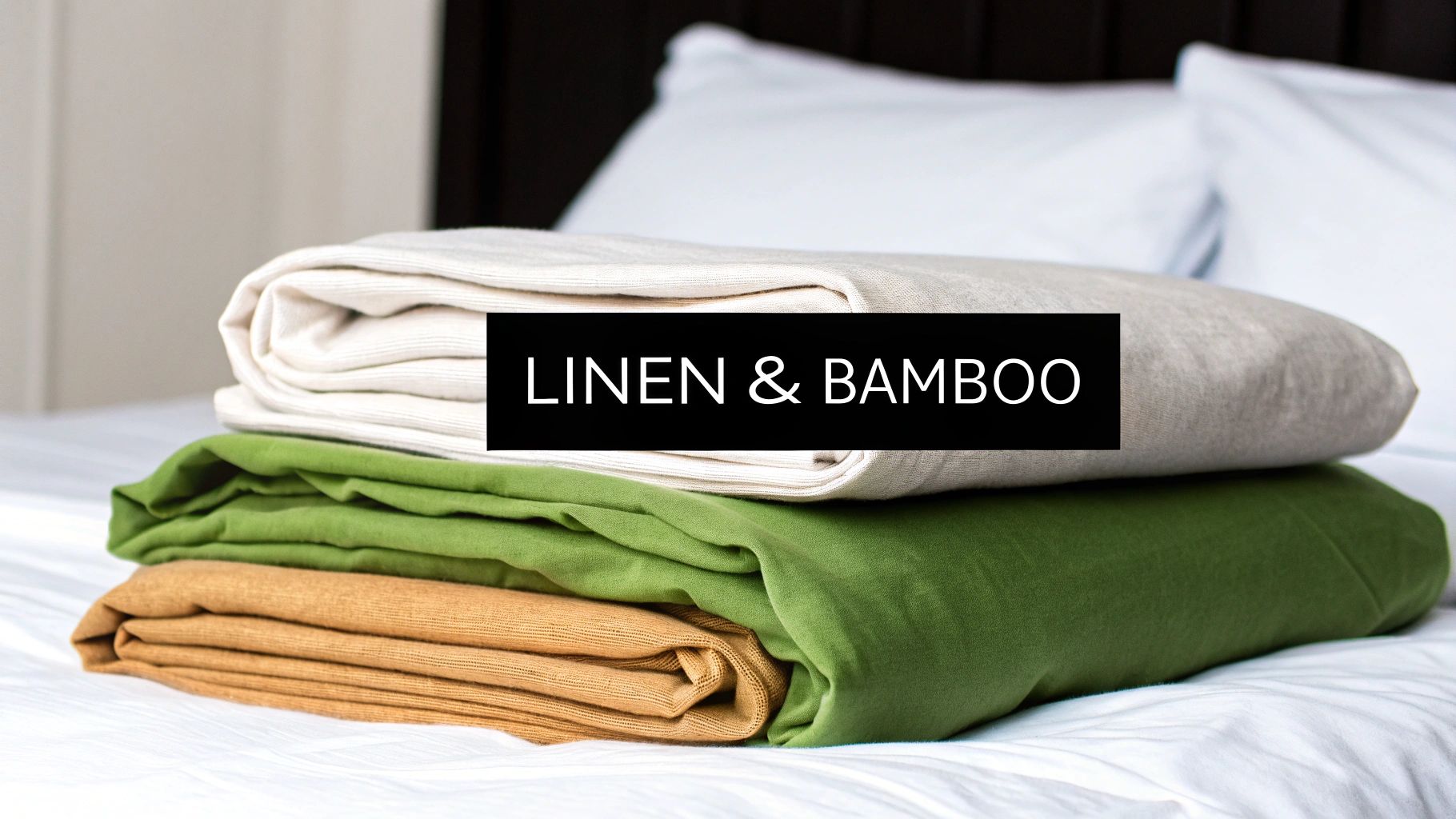 A cosy bed with a light green linen duvet cover, styled in a bright, modern bedroom.