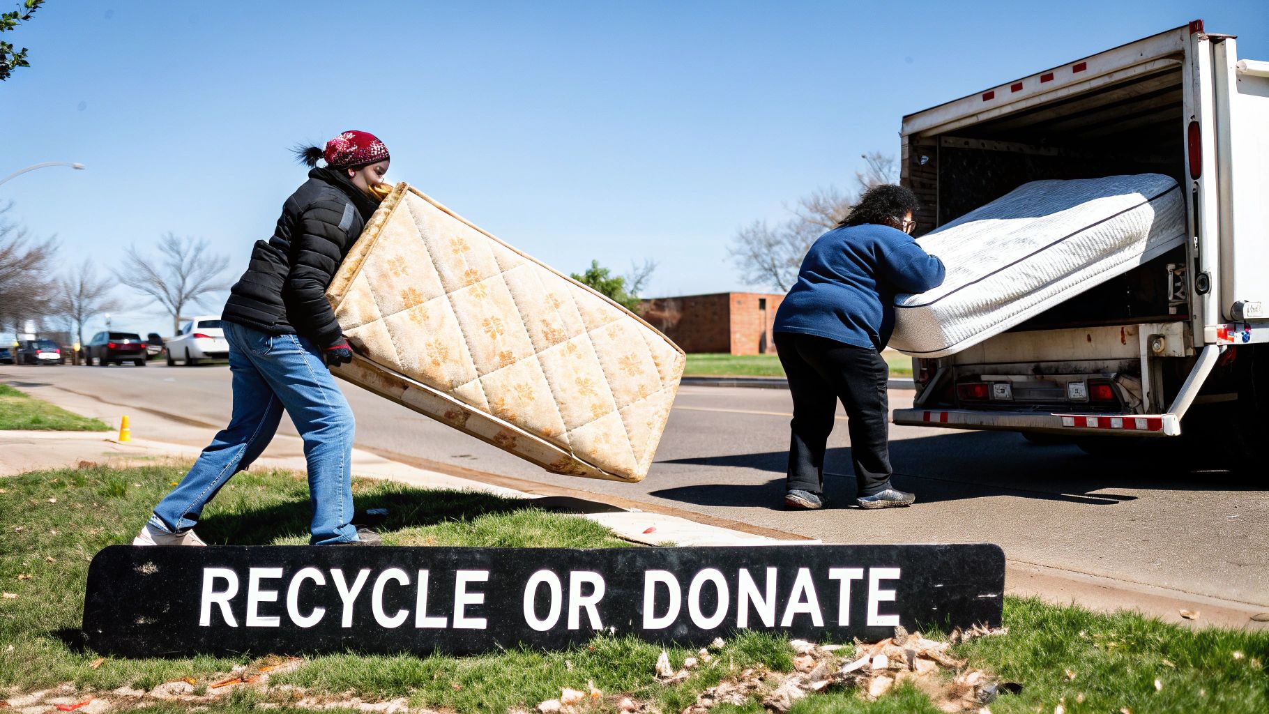 Two people move mattresses toward a truck for recycling or donation, with a relevant sign in the foreground.