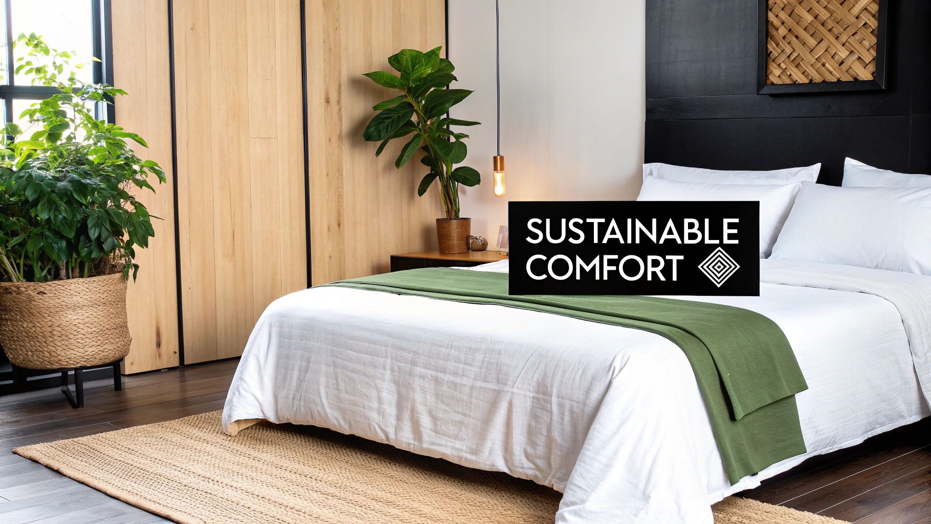 A person sleeping peacefully on light-coloured bamboo linen sheets in a bright, airy bedroom.