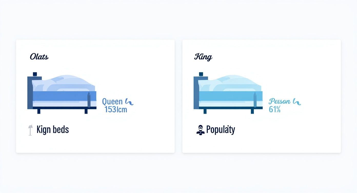 Comparison infographic showing Queen bed Olats aligns with beds while King bed matches person popularity at sixty-one percent