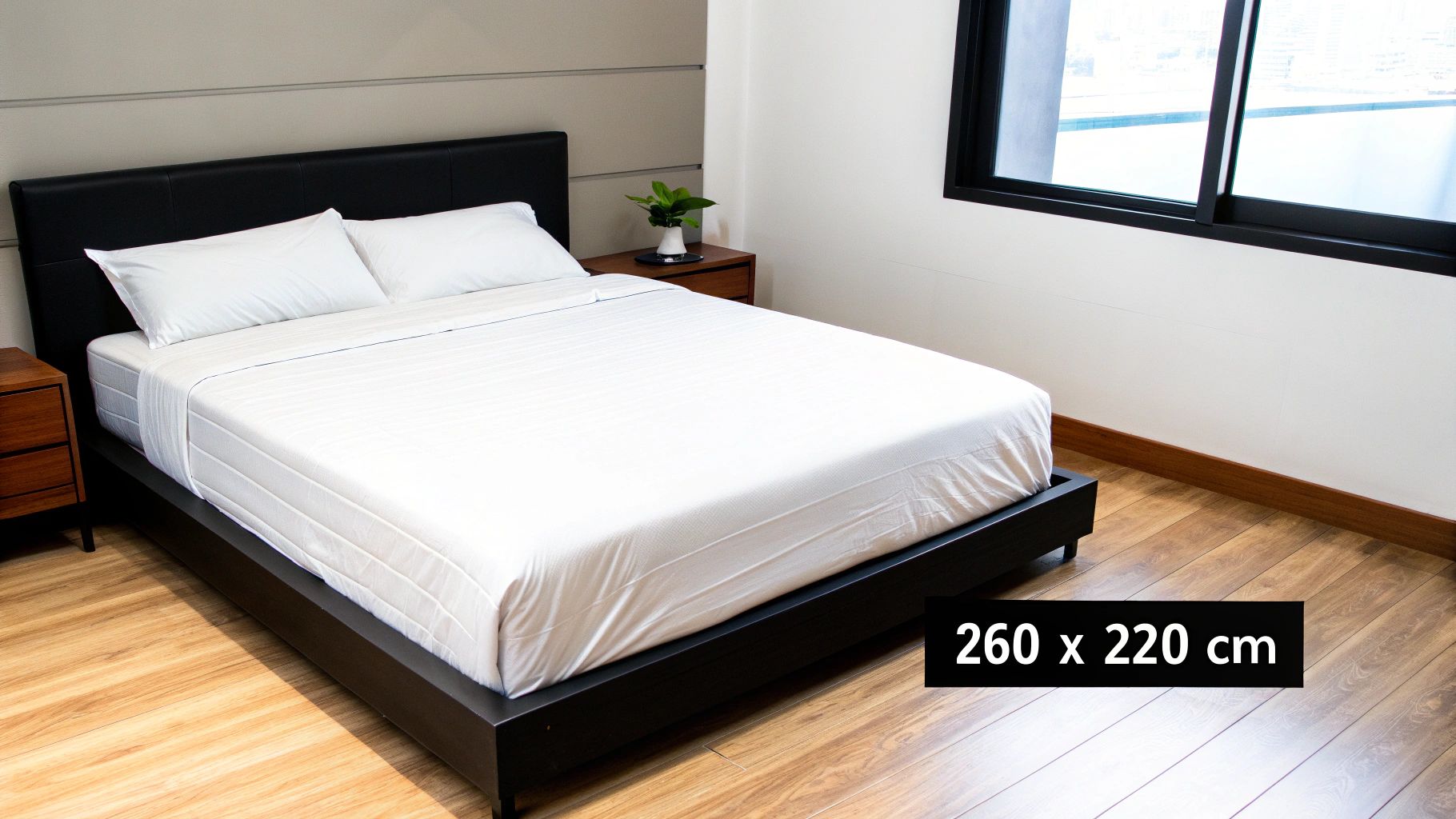 A clean modern bedroom featuring a black bed frame with white bedding and two pillows.