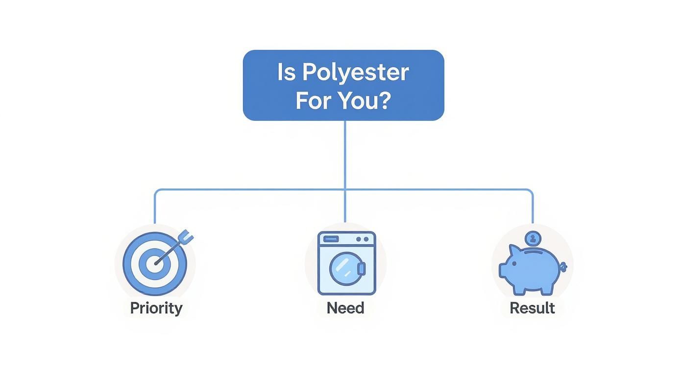 An infographic decision tree titled 'Is Polyester For You?' showing how priorities for durability and easy care can lead to choosing polyester for its budget-friendly benefits.