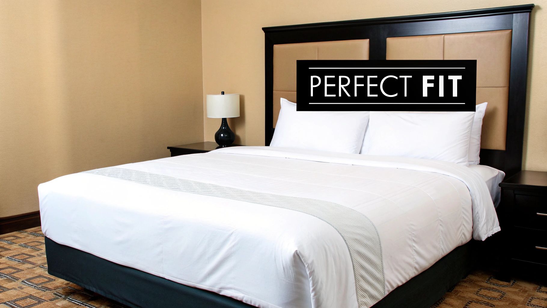 A neatly made hotel bed with white duvet, pillows, and a dark headboard, featuring a 'Perfect Fit' graphic.