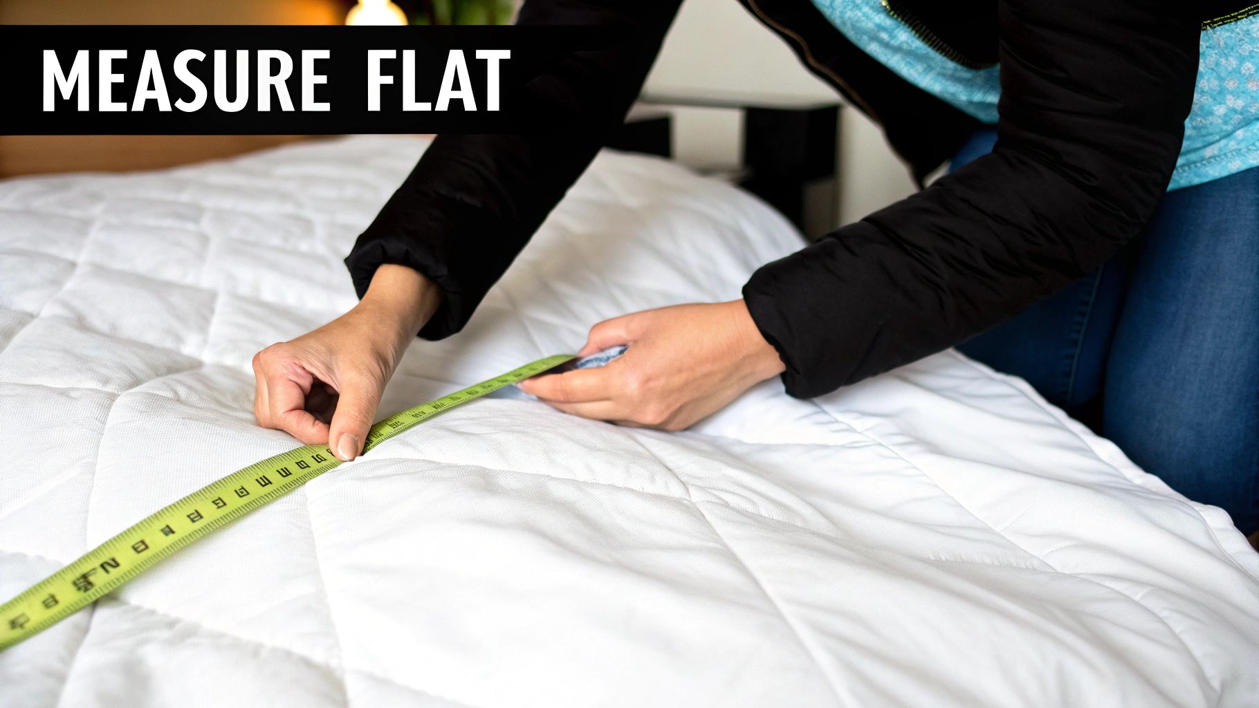 A person measuring a white duvet with a yellow tape measure.
