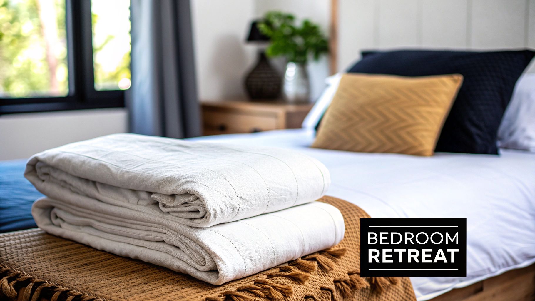 A cozy bedroom with a neatly made bed, folded white blankets, and decorative pillows on a brown throw.