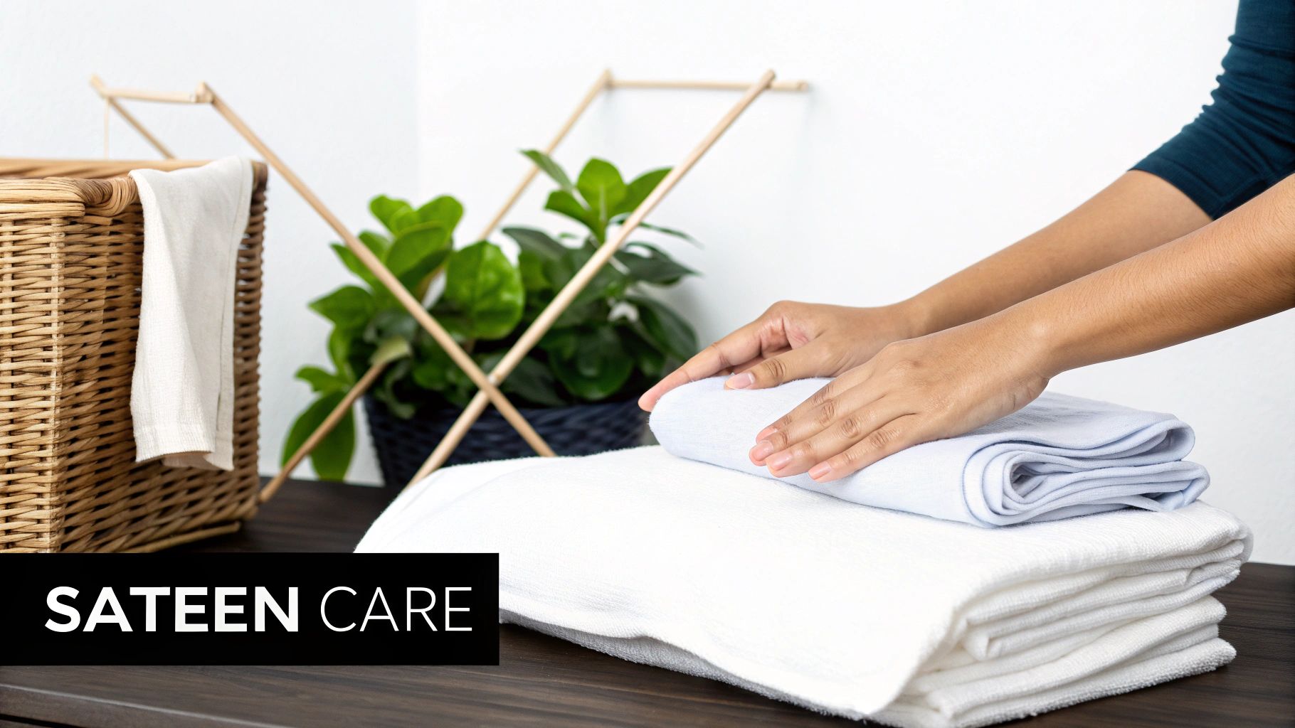 Hands folding light blue sateen towels on a wooden surface, with white towels and a laundry basket.