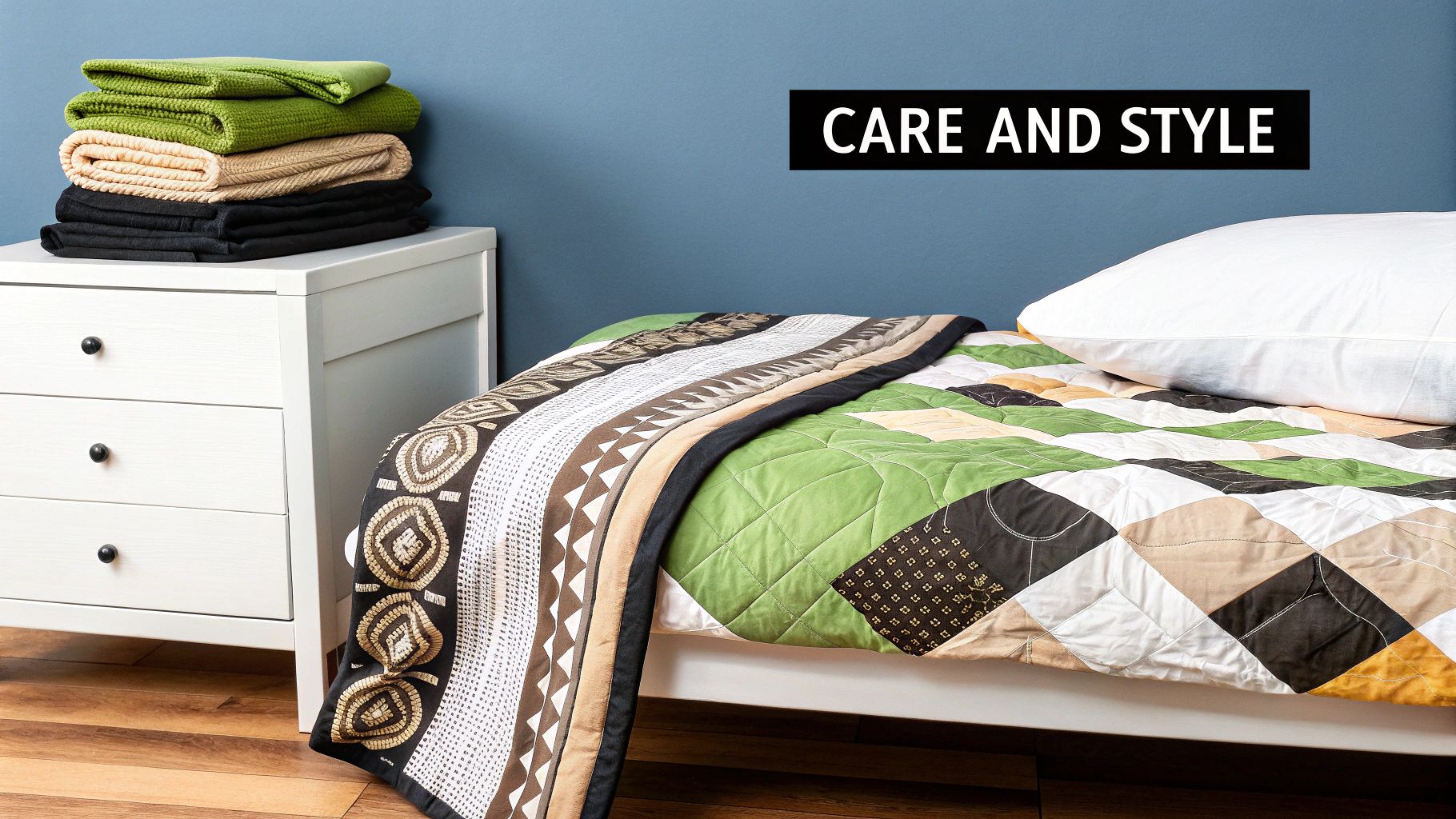A cozy bedroom scene featuring a bed with a colorful patchwork quilt and folded blankets.
