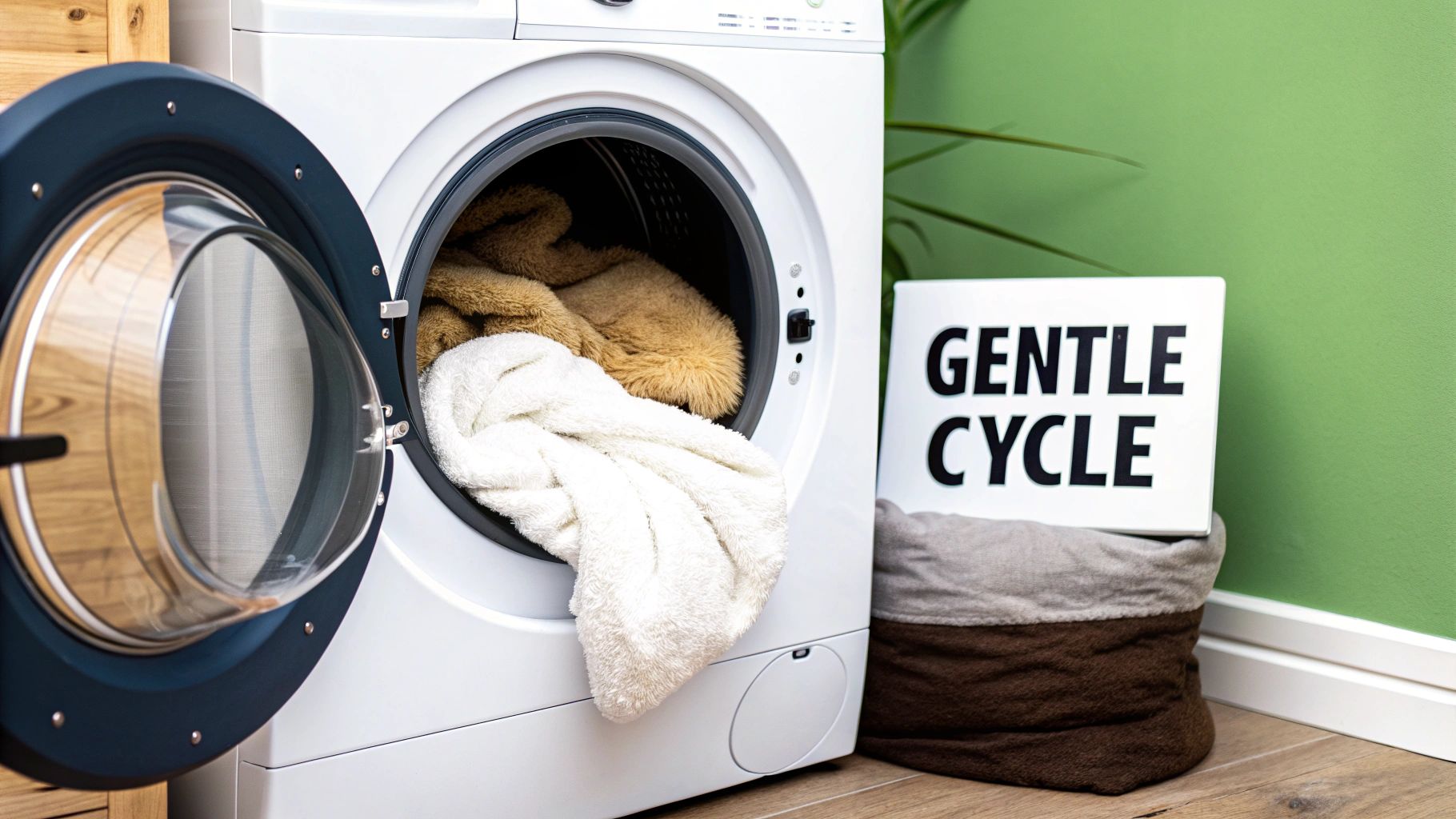 A clean doona being loaded into a modern front-loading washing machine