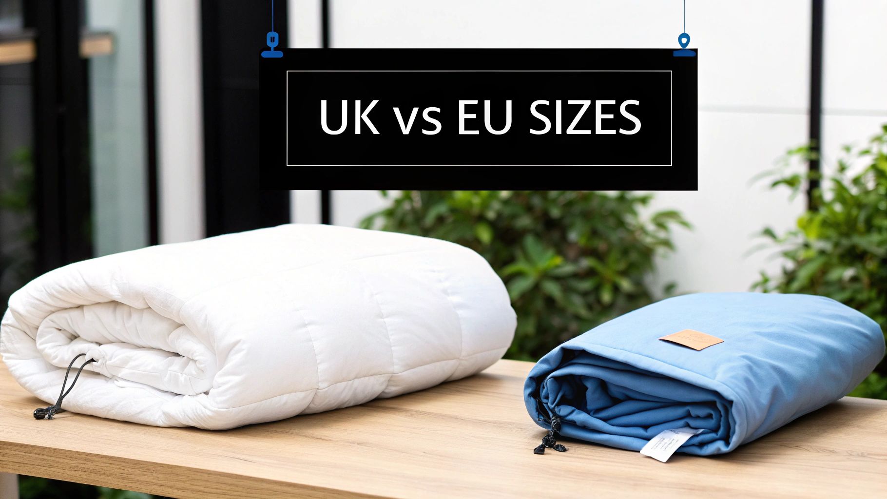 White and blue duvets rolled on wooden table with UK vs EU sizes sign above
