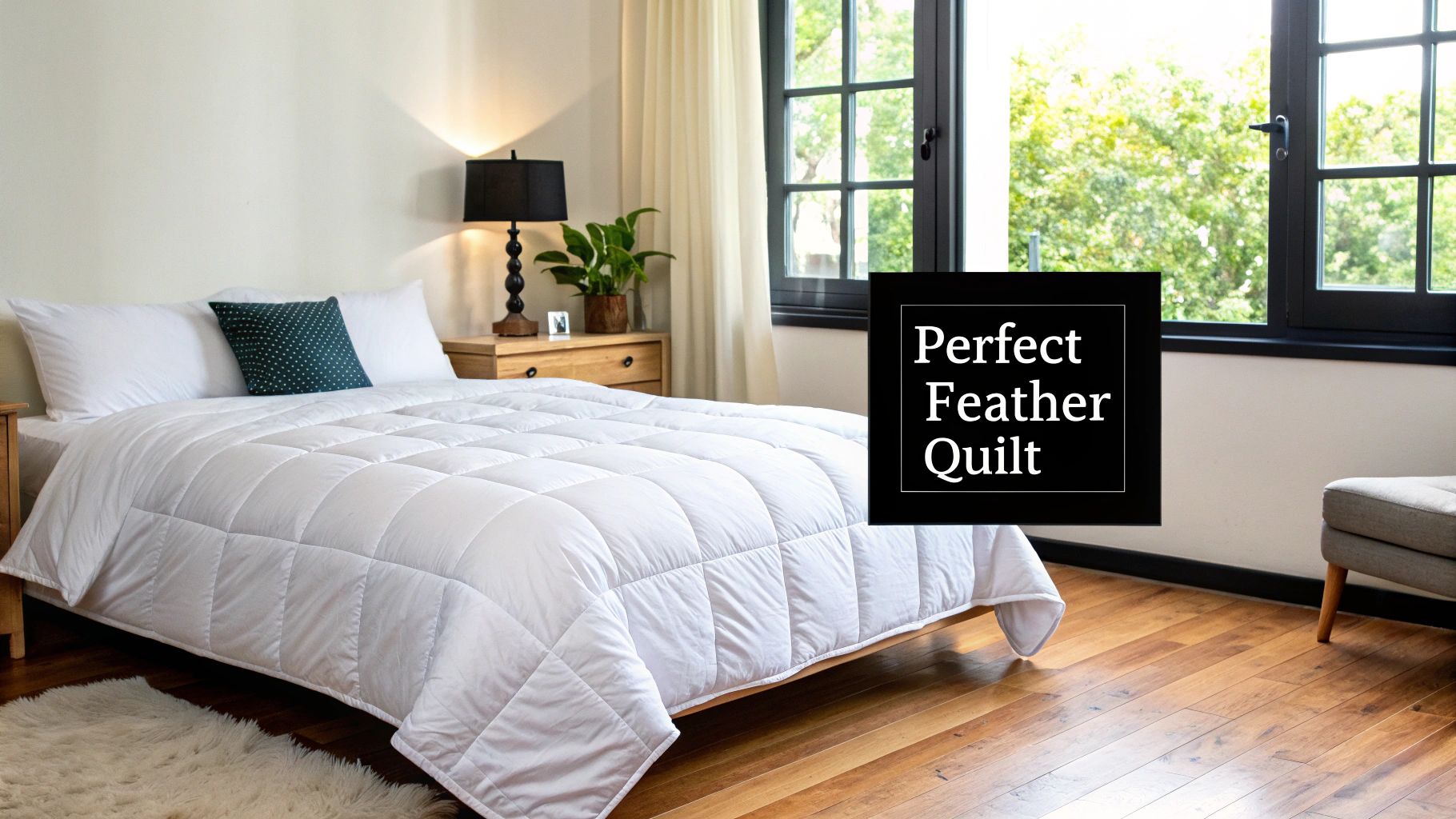 A cozy bedroom featuring a neatly made bed with a white feather quilt, pillows, and a wooden nightstand.