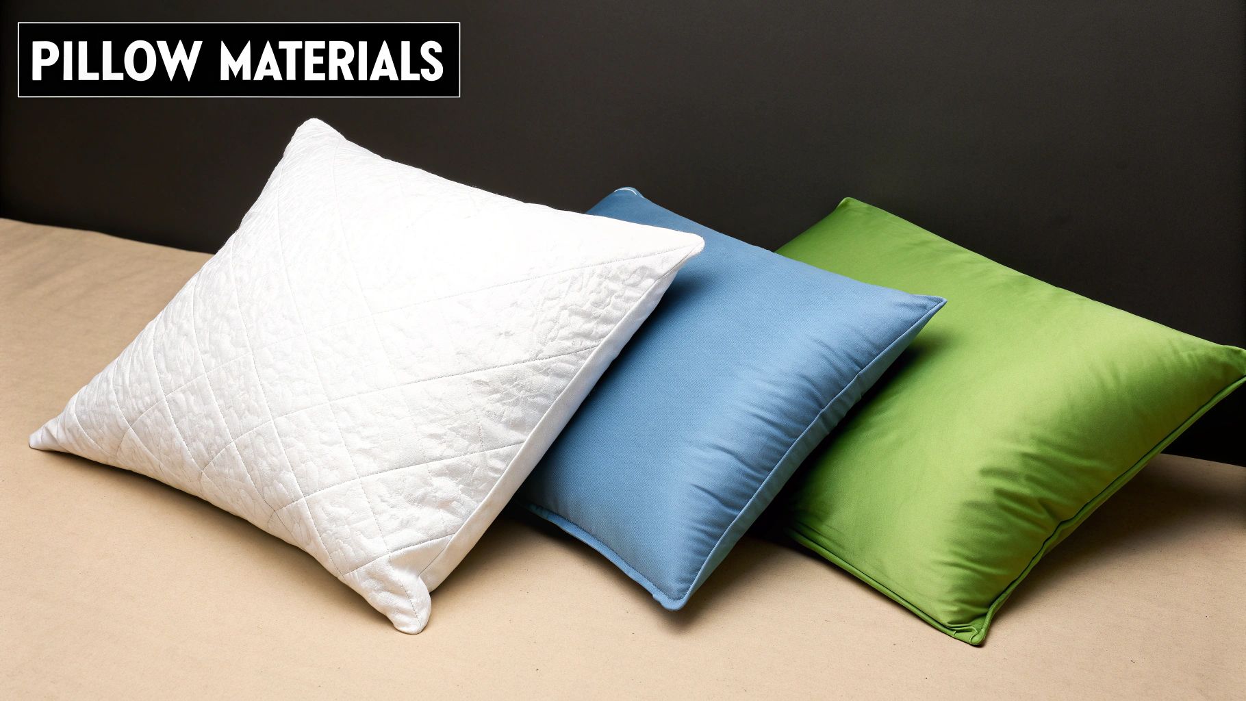 Three colorful pillows, white quilted, blue, and green, displayed on a surface, showcasing different pillow materials.