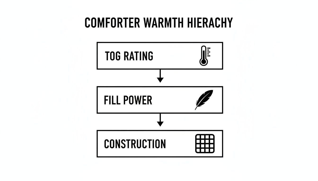 Infographic illustrating the comforter warmth hierarchy, from TOG rating to fill power and construction.