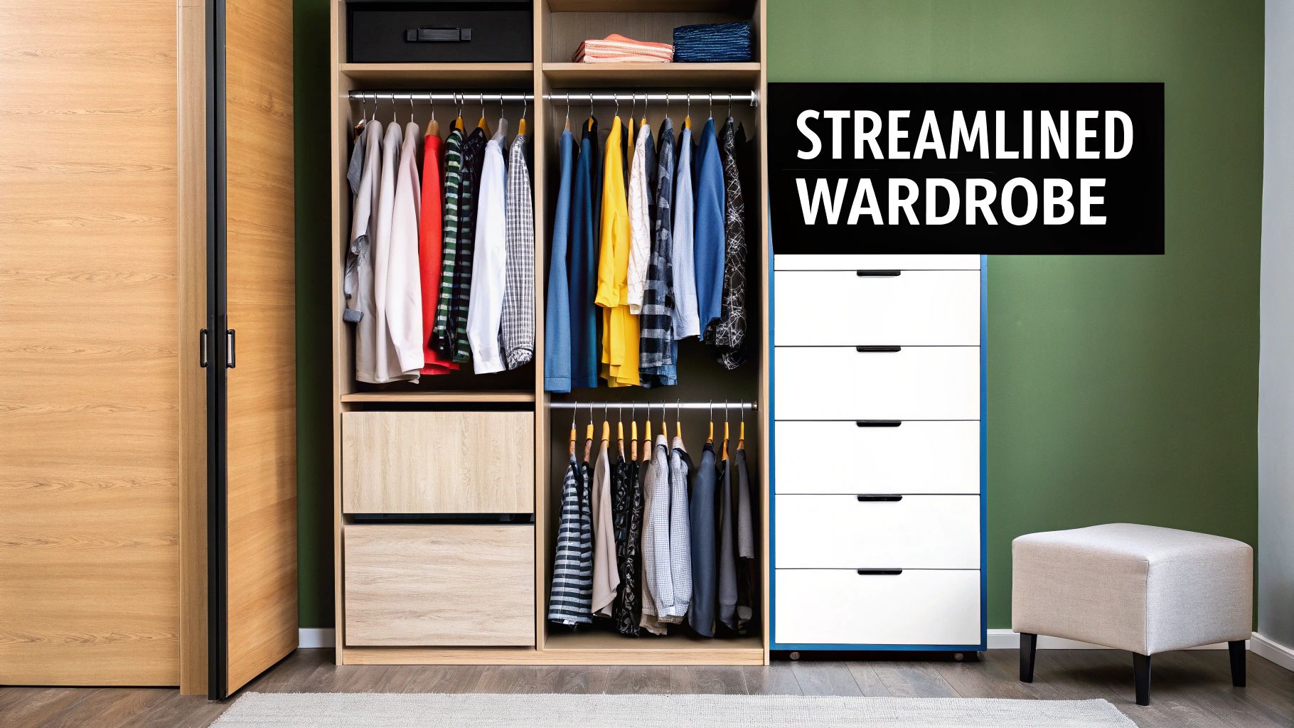 A woman organising clothes in a well-lit, tidy wardrobe