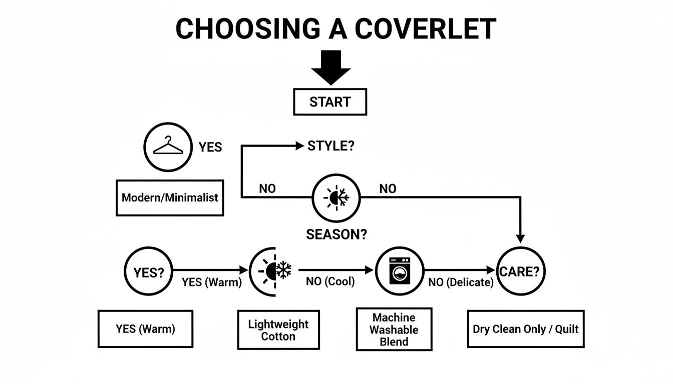 A flowchart guiding users to choose a coverlet based on style, season, and care requirements.