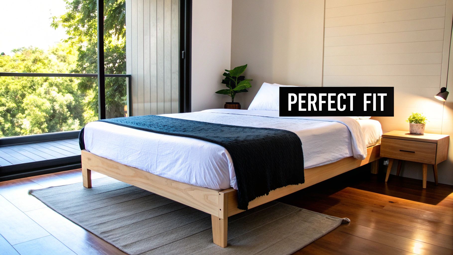 A bright, modern bedroom featuring a wooden bed, white bedding, and a large window overlooking green trees.