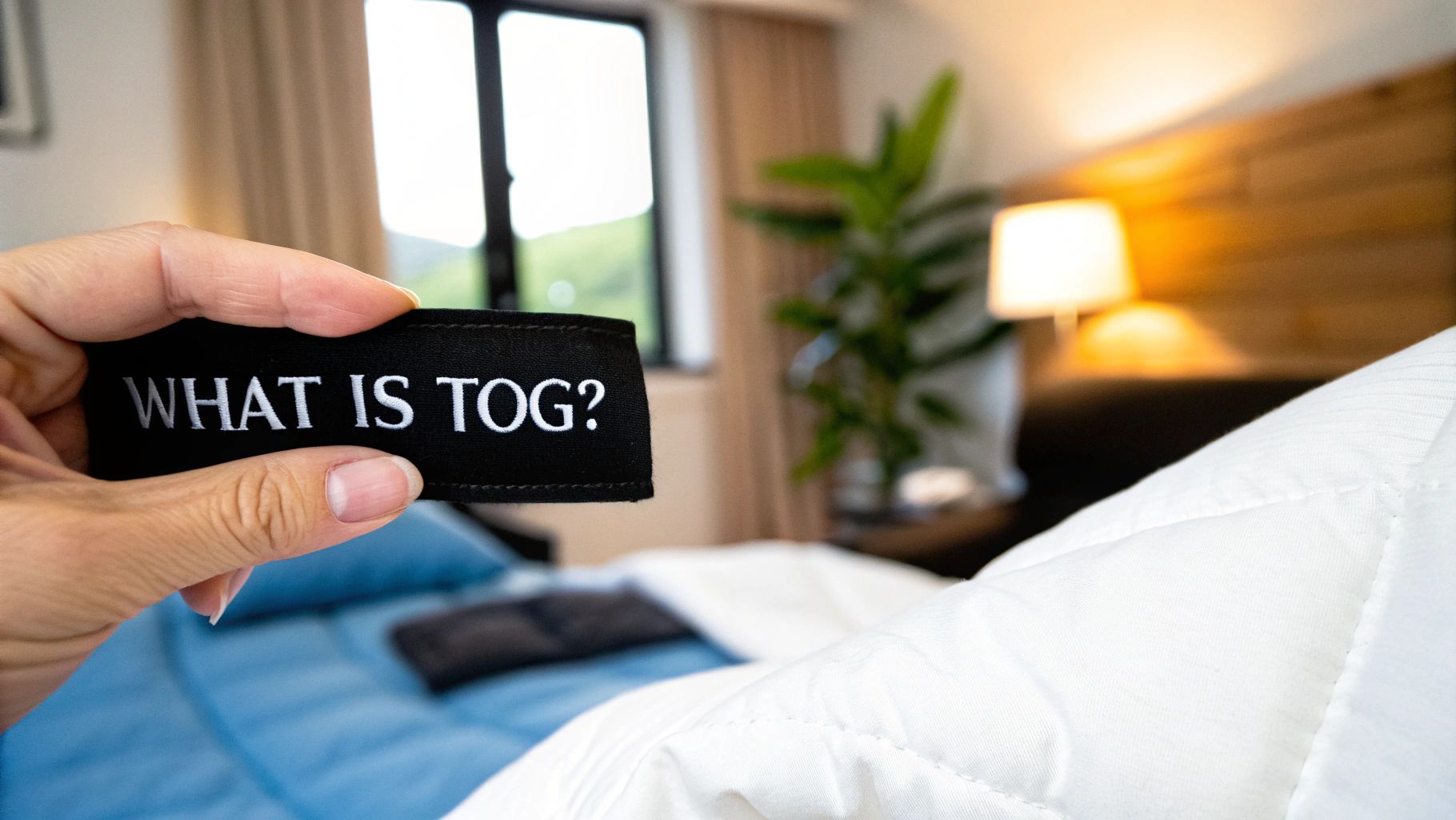 A close-up of the tog rating label on a white duvet.