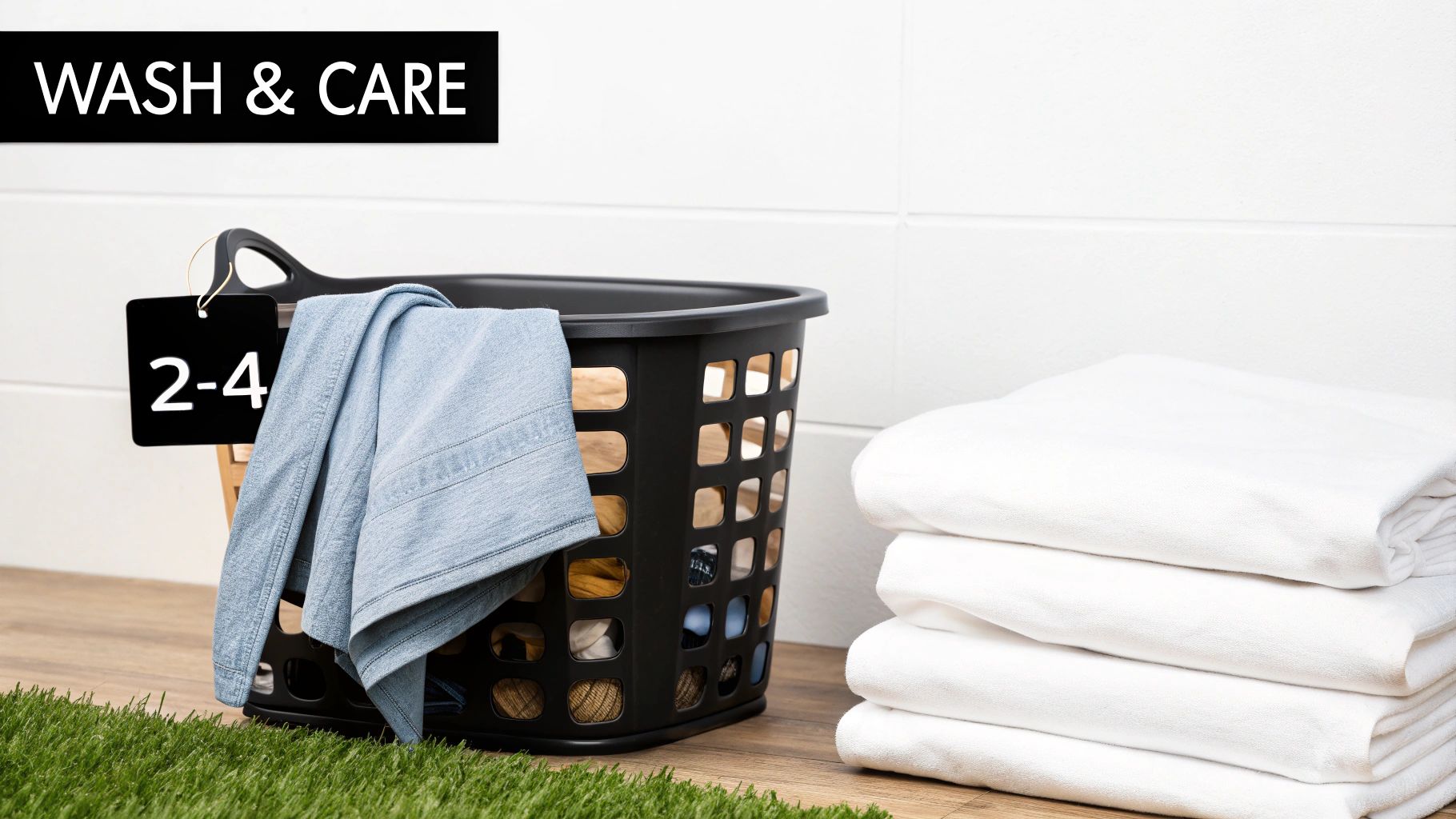 A black laundry basket with blue clothes, a 'WASH & CARE' sign, and a stack of white folded towels.