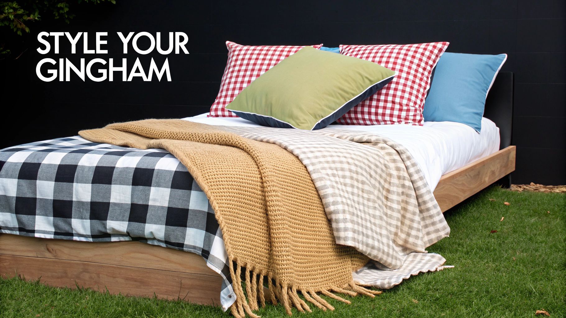 An outdoor bed with black and white gingham duvet, colorful pillows, and knit blankets.
