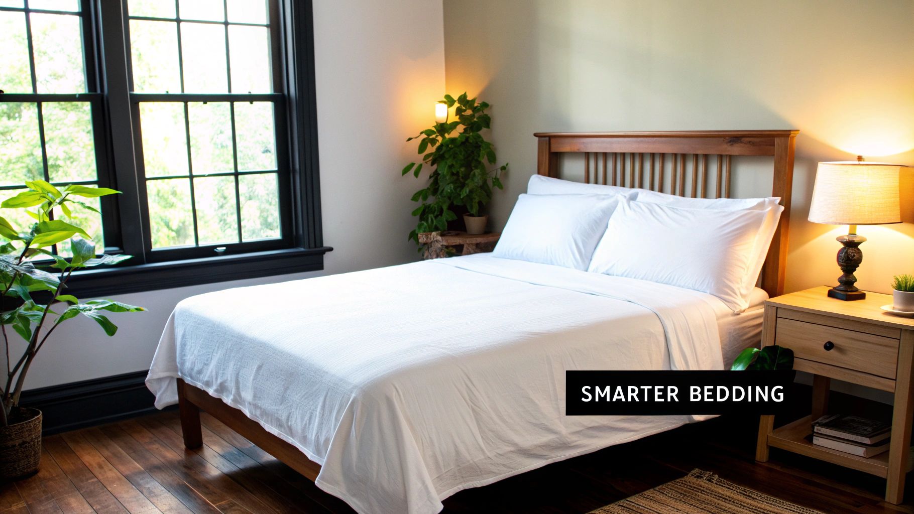 A neatly made bed with soft, organic cotton sheets in a bright, airy bedroom.
