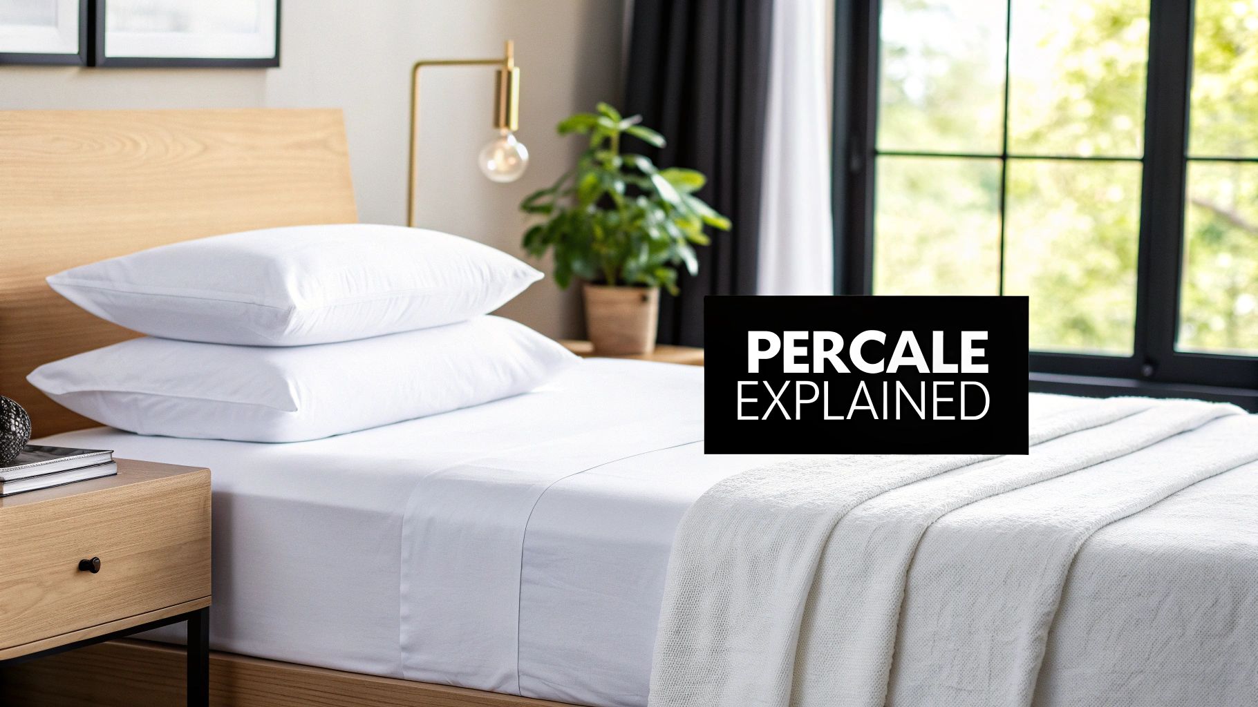 A clean bedroom with a bed featuring crisp white percale sheets and two stacked pillows, with 'PERCALE EXPLAINED' text overlay.