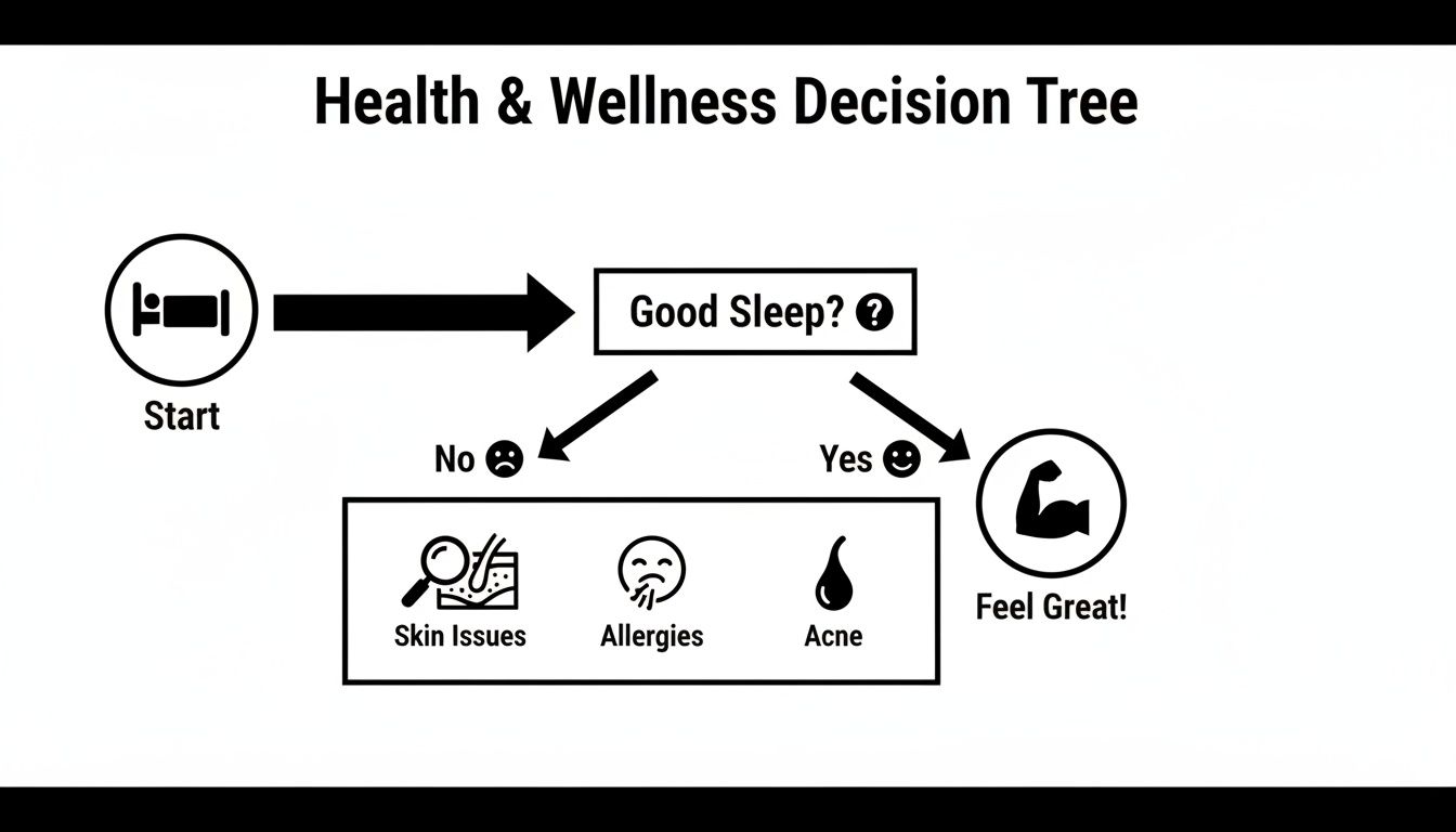 A health and wellness decision tree illustrating the impact of good sleep on skin, allergies, and overall well-being.